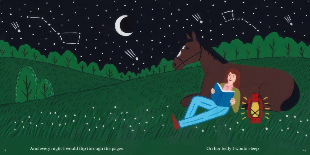 A spread from Abigail: a girl reads a book against her resting horse under a starry sky, beside a lantern